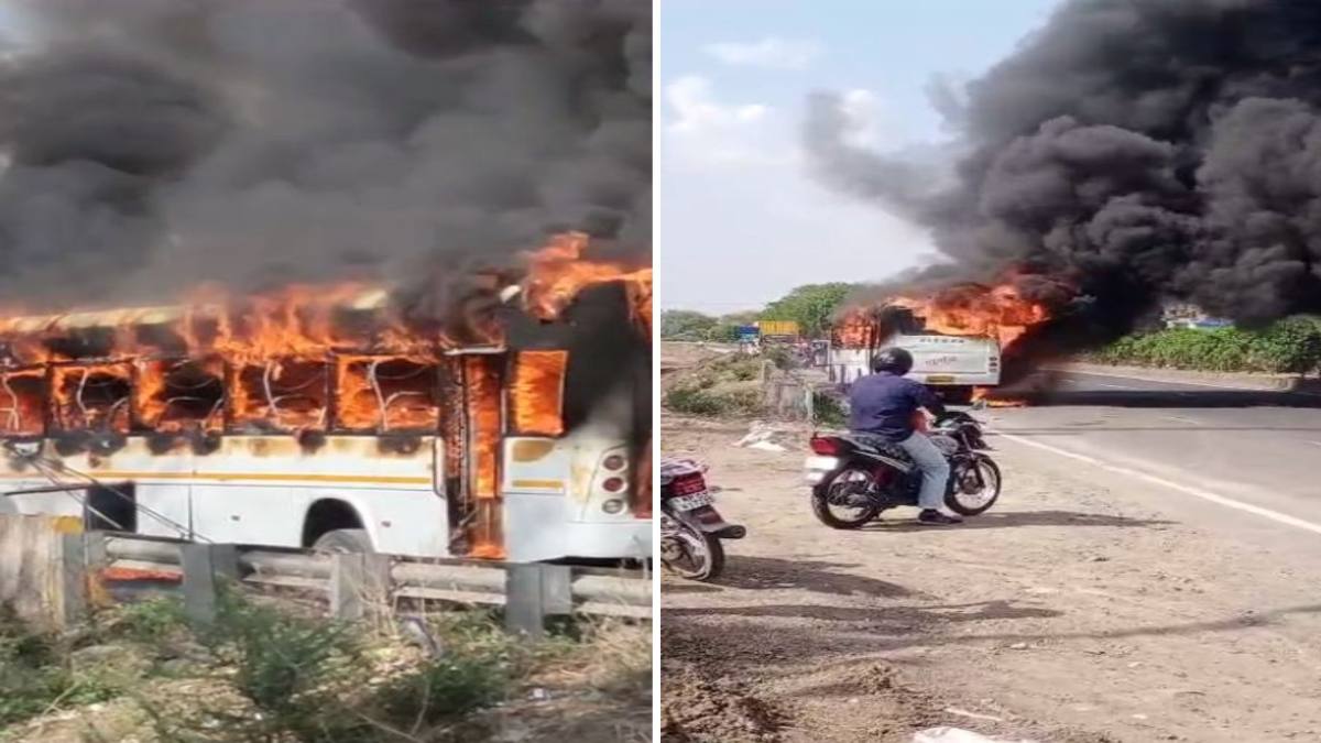इंदौर में चलती बस में लगी भीषण आग, VIDEO: धुंआ देखकर समय रहते नीचे उतर गए सभी यात्री, जलकर खाक हुई बस