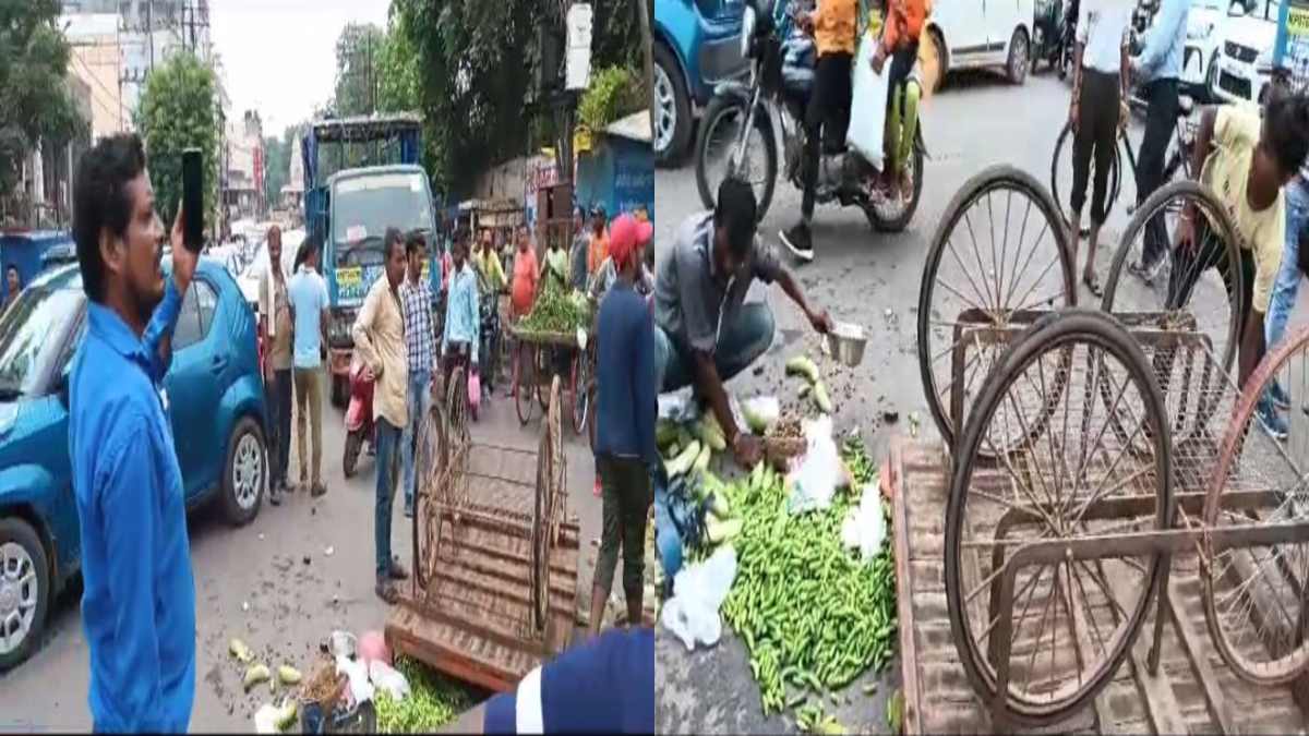 ग्वालियर निगम कर्मचारियों की दादागिरी! सड़क पर पलटा दिया सब्जियों का ठेला, व्यापारियों ने पैसे मांगने का लगाया आरोप
