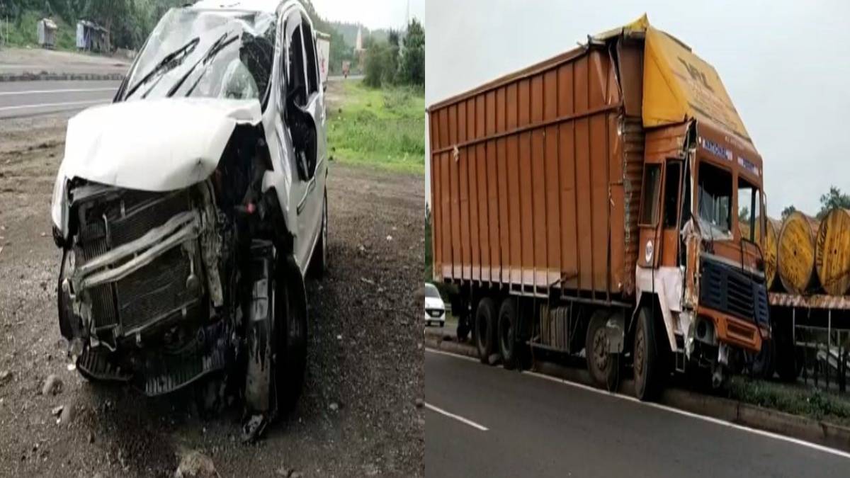 धार में कंटेनर का ब्रेक फेल होने से हादसा: सामने चल रही कार को मारी टक्कर, 11 लोग घायल