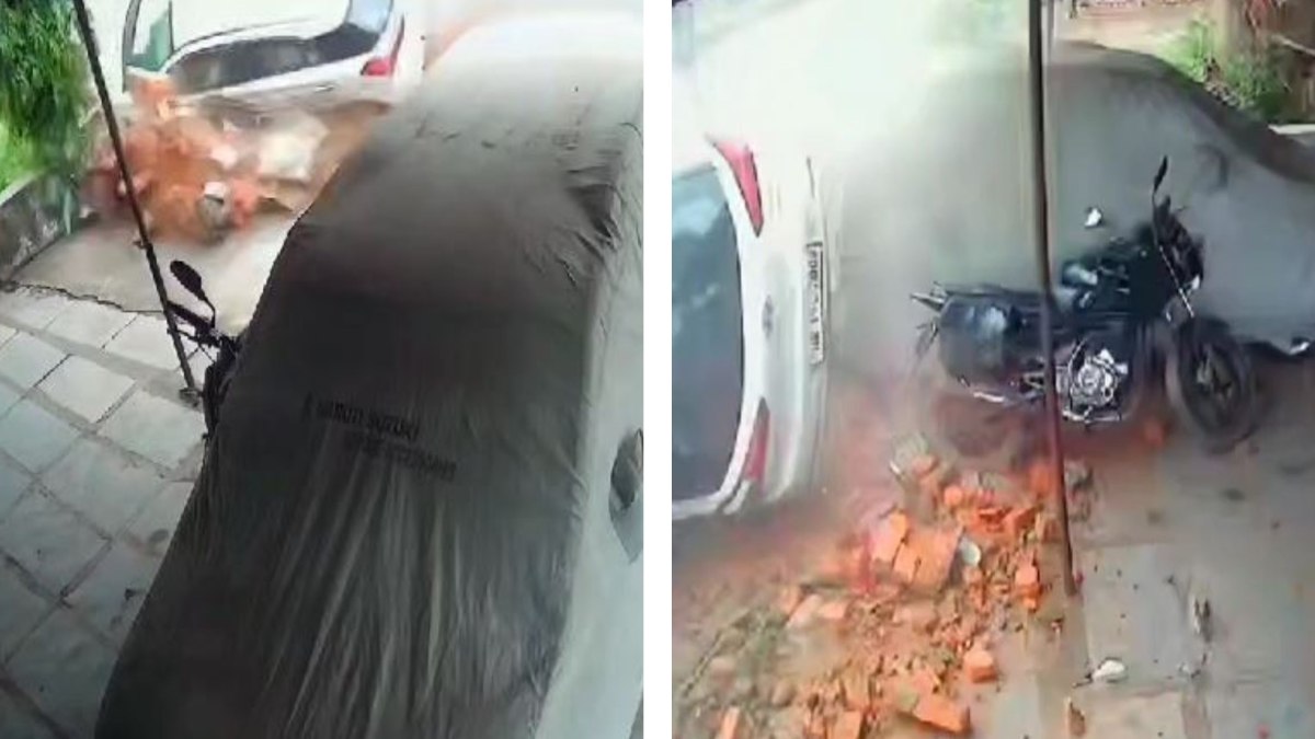 रफ्तार का कहर : घर के बाहर खड़ी गाड़ी को अनियंत्रित कार ने मारी जबरदस्त ठोकर, डिवाइडर तोड़ते हुए दुकान के सामने पलटी, देखिए VIDEO