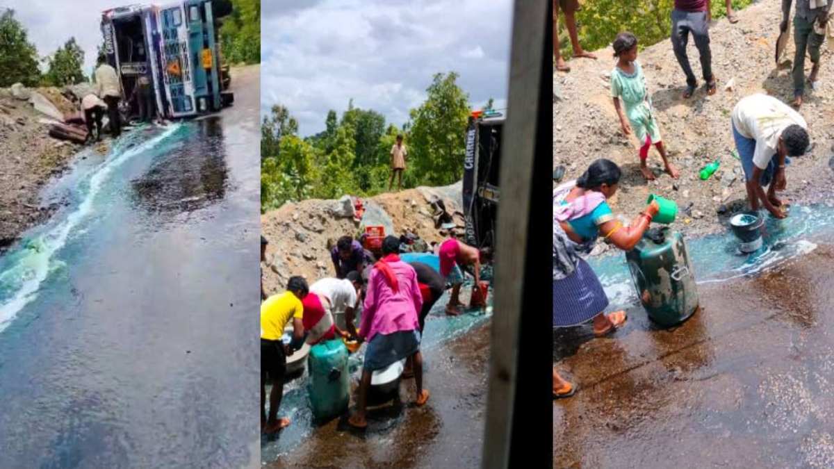 Truck Accident: नेशनल हाइवे में पलटा डीजल से भरा टैंकर, लूटने पहुंची लोगों की भीड़, देखिए VIDEO …