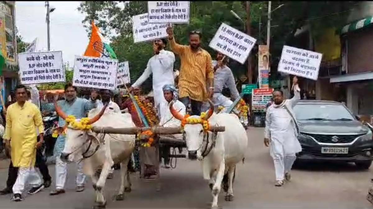 खंडवा में कांग्रेस पार्षदों का अनोखा विरोध: बैलगाड़ी पर सवार होकर पहुंचे नगर निगम कार्यालय, लगाए भ्रष्टाचार के आरोप