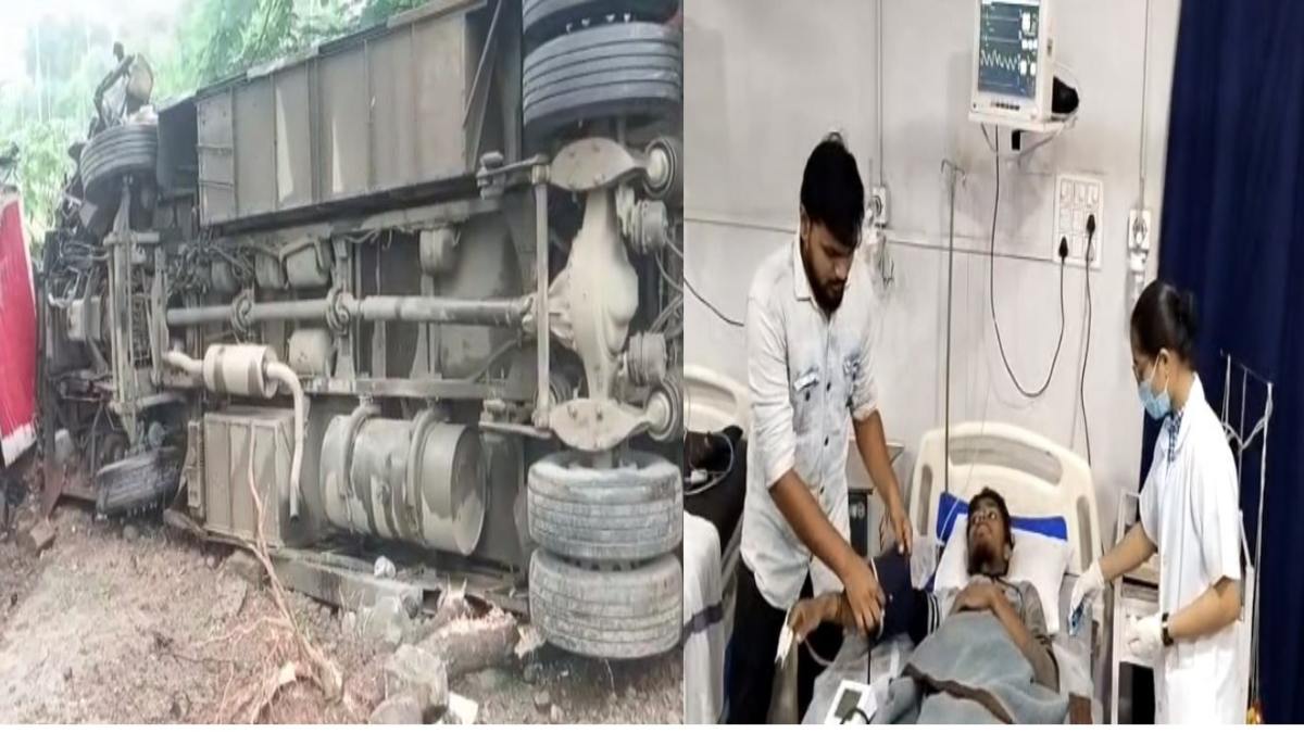 MP में बेकाबू होकर पलटी तेज रफ्तार बस: सड़क किनारे खड़े पिता की मौत, बेटा जख्मी, यात्रियों में मची चीख-पुकार