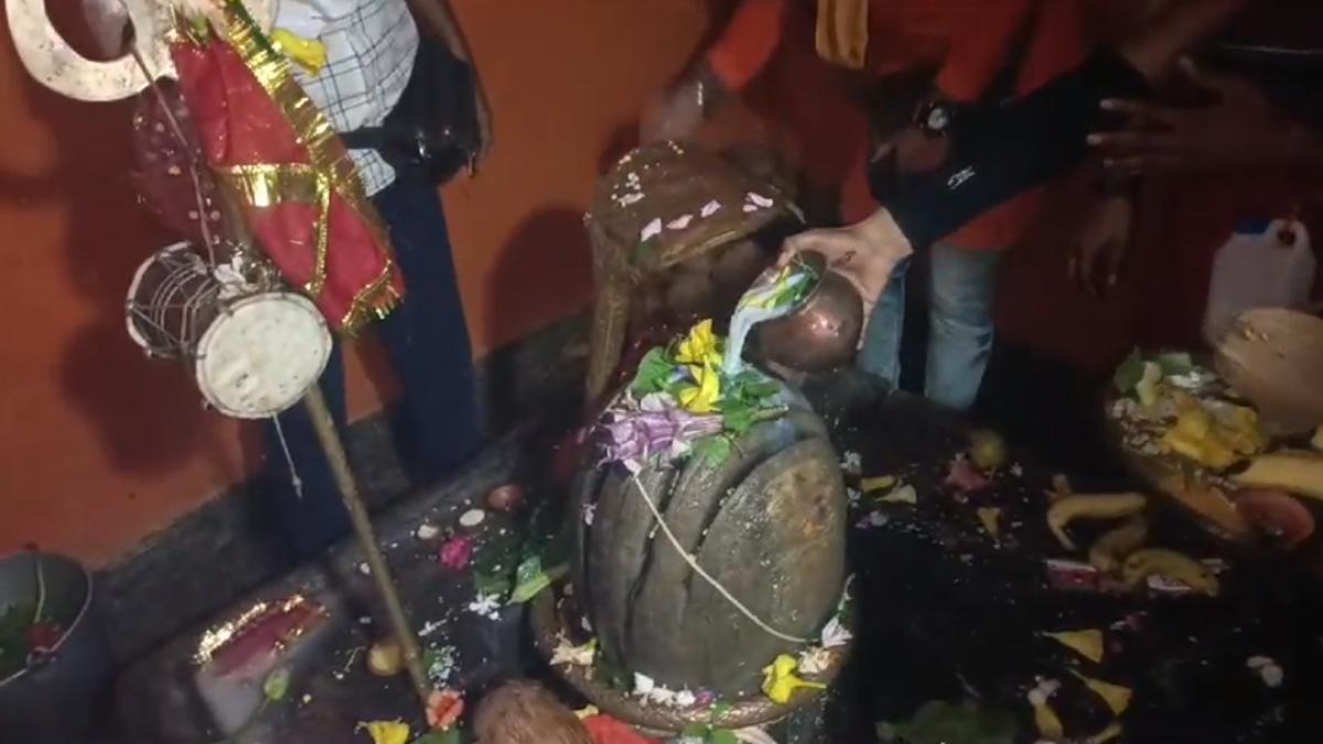 नर्मदा जल से अर्धनारीश्वर शिवलिंग का अभिषेक: उज्जैन के बाबा महाकाल की तरह है शिवलिंग, नंदी के कान में परेशानी बताने से पूर्ण होती है मनोकामनाएं
