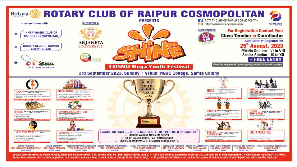 Cosmo Mega Youth Festival Shine: कॉस्मो मेगा यूथ फेस्टिवल ‘शाइन’ का आयोजन 3 सितंबर को किया जा रहा आयोजन, 75 स्कूल के 2500 बच्चे होंगे शामिल