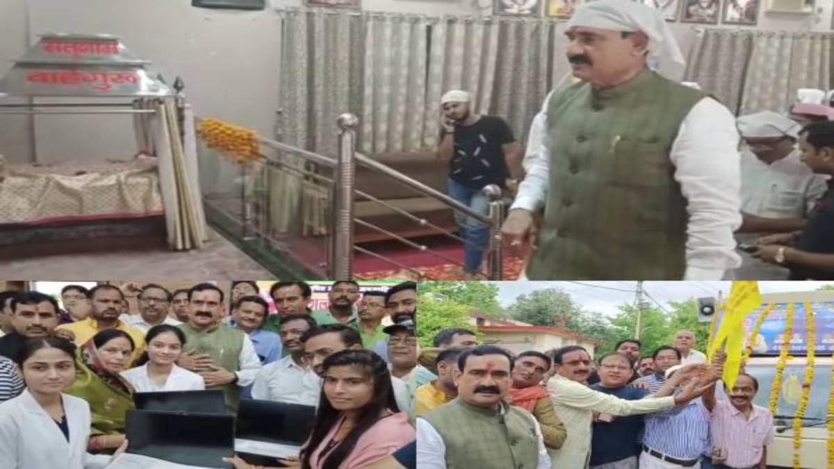 दतिया पहुंचे गृहमंत्री नरोत्तम मिश्रा: पार्थिव शिवलिंग कार्यक्रम रथ को दिखाई हरी झंडी, छात्रों को दिया लैपटॉप, सिंधी मंदिर में टेका माथा