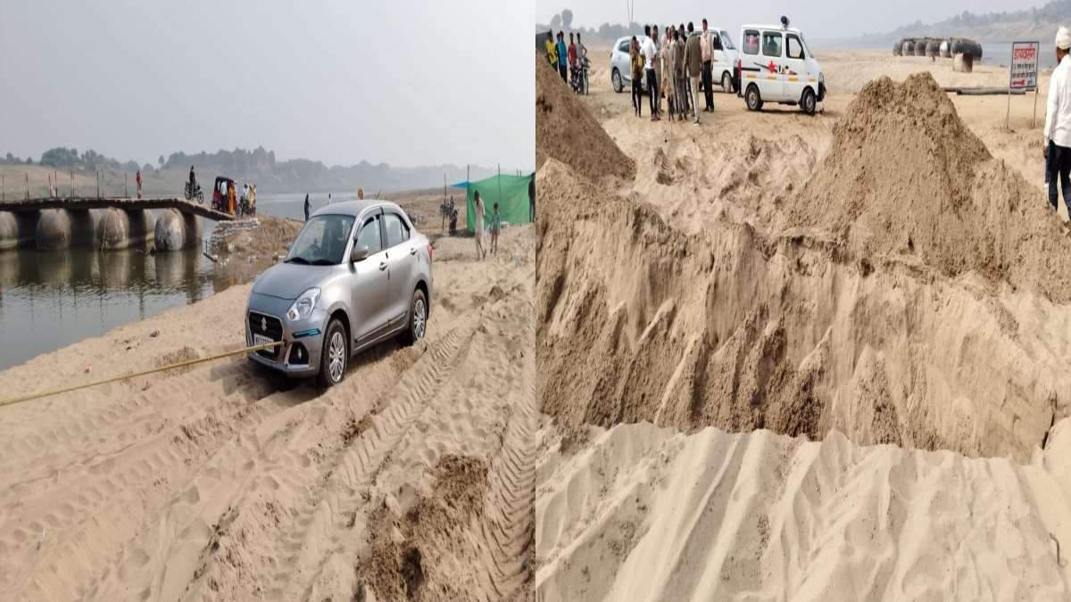 मतदान की वजह से प्रशासन ने तोड़ा था पुल, अब मार्ग बदलने से रेत में वाहन फंसे कई वाहन, ट्रैक्टर से खींचकर निकाली गई गाड़ियां