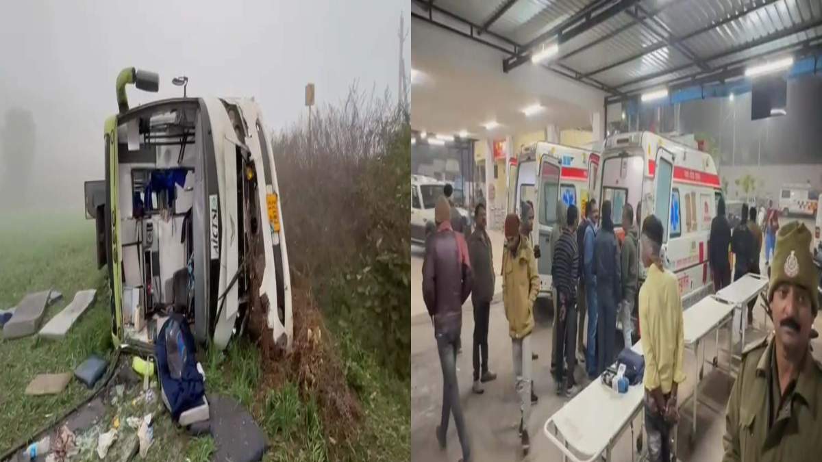यात्री बस पलटी: 19 लाेग घायल, 2 की हालत गंभीर, तेज रफ्तार और घने कोहरे के कारण हुआ हादसा