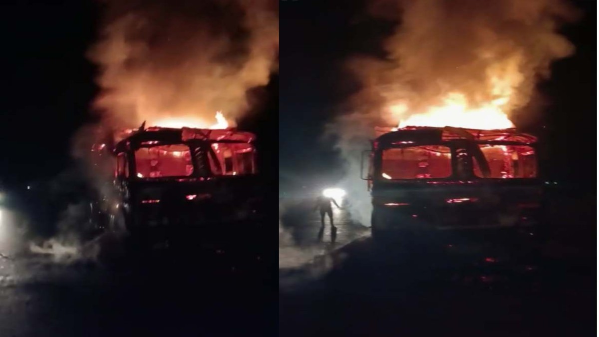 CG News : NH पर खडे़ ट्रक में लगी आग, धान जलकर खाक, चालक ने कूदकर बचाई जान, देखें वीडियो…