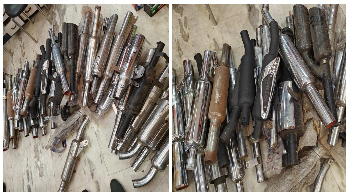 ऑटोमोबाइल्स दुकानों पर पुलिस ने दी दबिश, 88 साइलेंसर और आवाज तेज करने वाले 6 पाइप जब्त