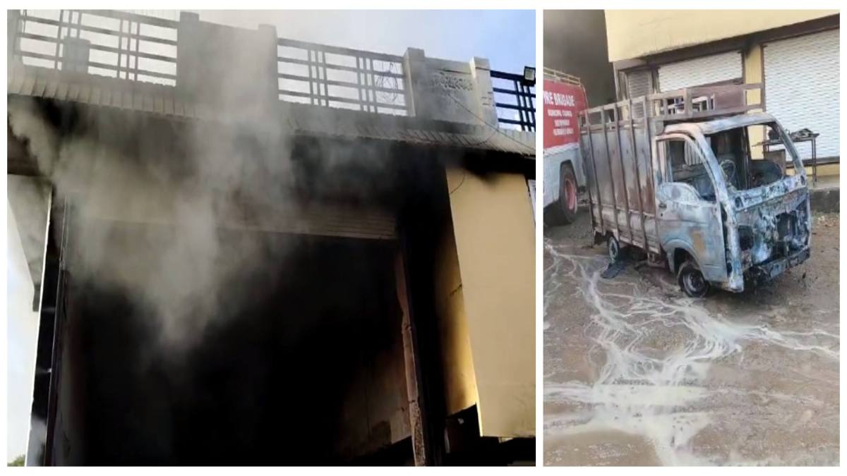 निजी ट्रांसपोर्ट गोदाम में लगी भीषण आग, दो लोडिंग वाहन समेत करोड़ों का माल जलकर राख