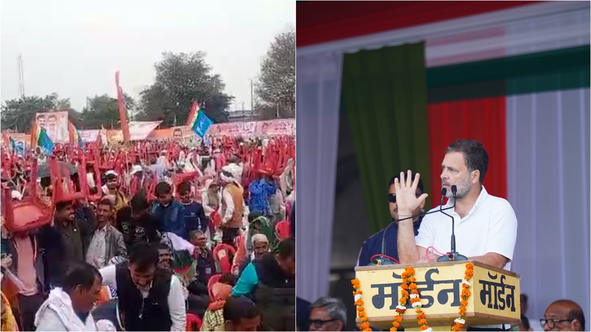 मुरैना में राहुल गांधी की सभा में इंद्रदेव ने किया परेशान, VIDEO: सिर पर कुर्सियां लिए खड़े दिखे लोग, राहुल बोले- अडानी के खाते में जाएगा डिफेंस का बजट