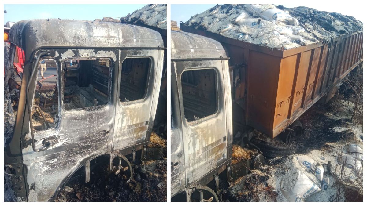 हाईवे पर दौड़ते ट्रक में लगी भीषण आग: चालक और क्लीनर ने कूदकर बचाई जान, जलकर राख हुआ वाहन