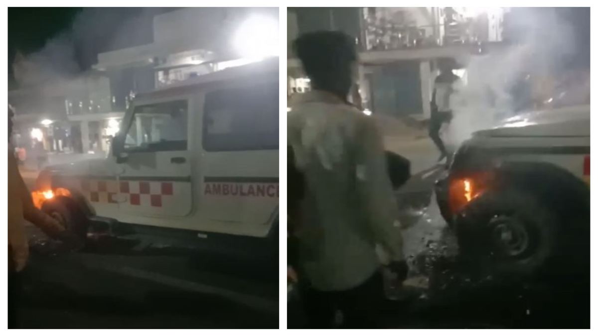 बाल-बाल बचे: मरीज को ले जा रही एंबुलेंस में लगी आग, ग्रामीणों की मदद से 2 की बची जान