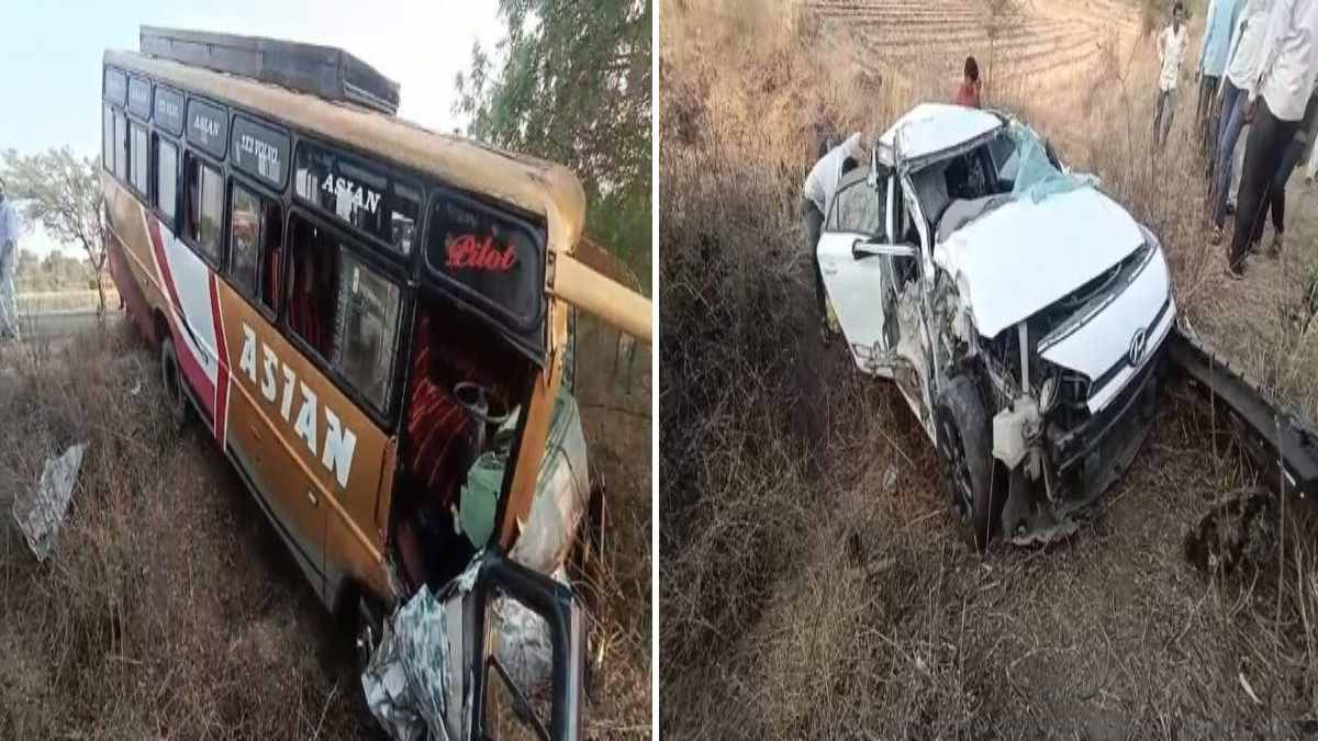 टायर फटने के बाद कार से हुई बस की भिड़ंत, टक्कर के बाद गड्ढे में उतरे दोनों वाहन, आधा दर्जन से अधिक घायल