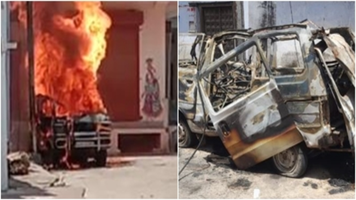 सिलेंडर में लीकेज के बाद जोरदार धमाका: चंद मिनटों में जलकर खाक हुई वैन, देखें VIDEO