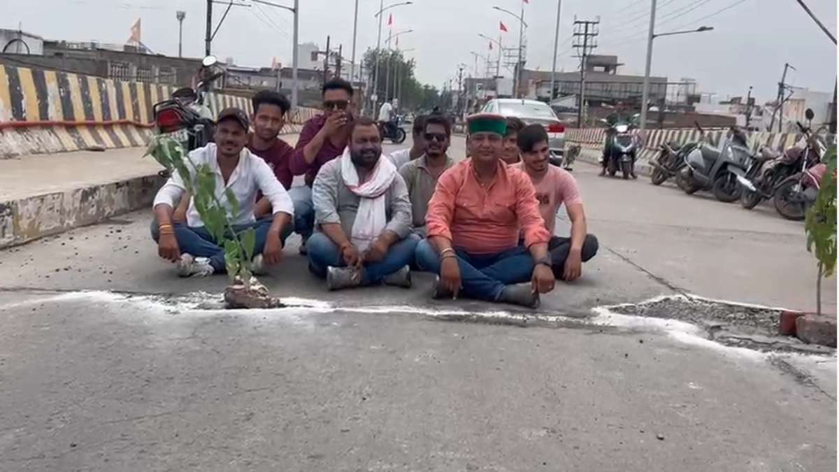 ओवरब्रिज पर हुए गढ्ढे तो लगा दी बेशरम की झाड़ियां: कांग्रेस कार्यकर्ताओं ने घटिया निर्माण का लगाया आरोप, देखें Video