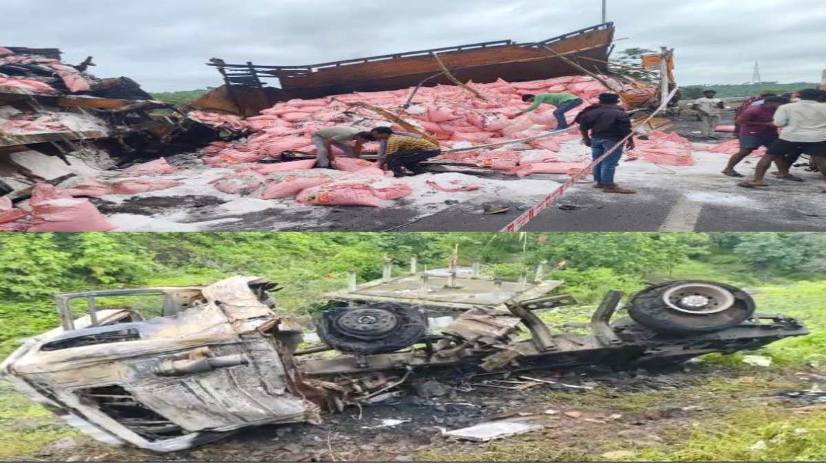 भीषण सड़क हादसाः दो मालवाहक वाहनों में टक्कर के बाद लगी भयंकर आग, एक जिंदा जला, एक गंभीर