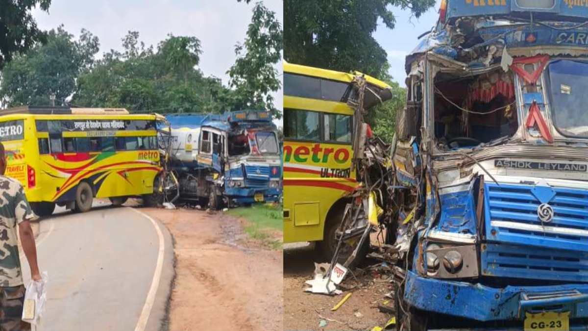 बड़ा हादसा टला : बस और पेट्रोल टैंकर में जबरदस्त भिड़ंत, टैंकर में लगी आग, ड्राइवर समेत कई यात्री घायल