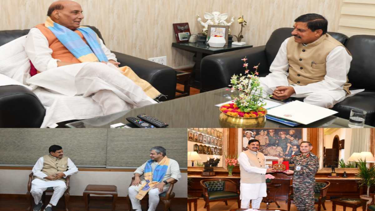 दिल्ली में राजनाथ सिंह से मिले CM मोहन: MP में रक्षा क्षेत्र में निवेश की दी जानकारी, केंद्रीय मंत्री अश्विनी वैष्णव और थलसेना प्रमुख उपेंद्र द्विवेदी से भी की मुलाकात