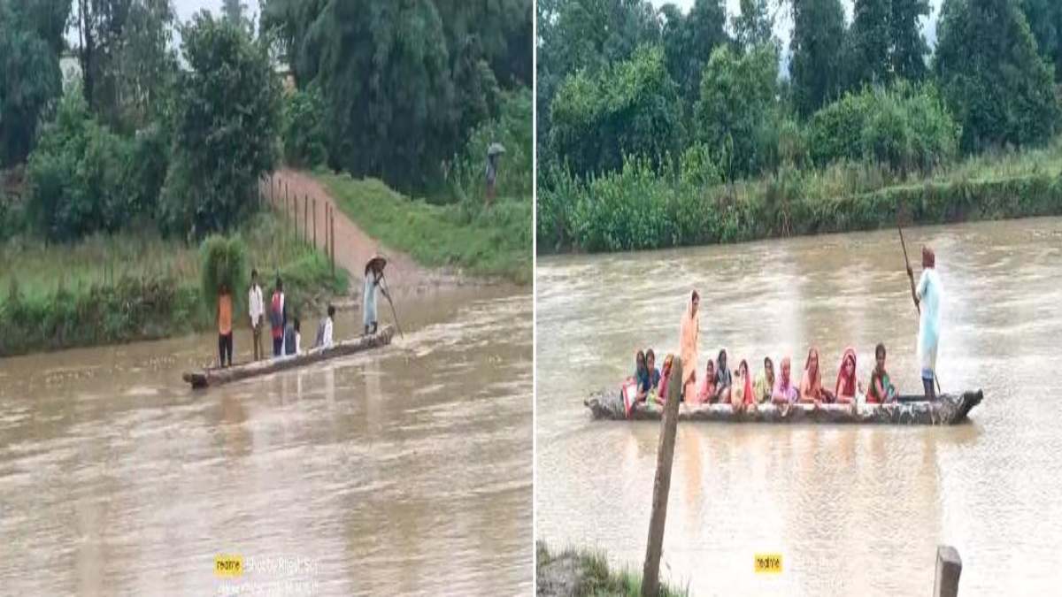 विकास कार्यों के दावों को ठेंगा दिखाती ये तस्वीर! नाव के सहारे उफनाती नदी को पार करने मजबूर ग्रामीण, जिम्मेदार सो रहे कुंभकरण की नींद