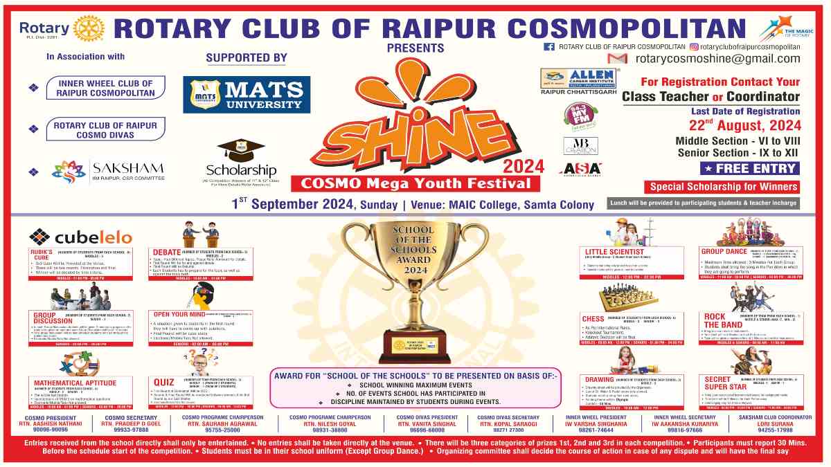 कॉस्मो मेगा यूथ फेस्टिवल “SHINE“ का आयोजन 1 सितंबर से, कल है रजिस्ट्रेशन की आखिरी तारीख