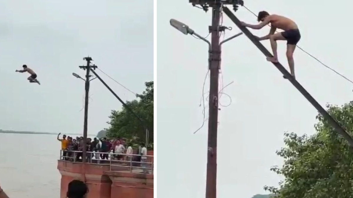 बिजली खंभे पर चढ़कर युवक ने नदी में लगाई छलांग, खौफनाक स्टंट का Video वायरल
