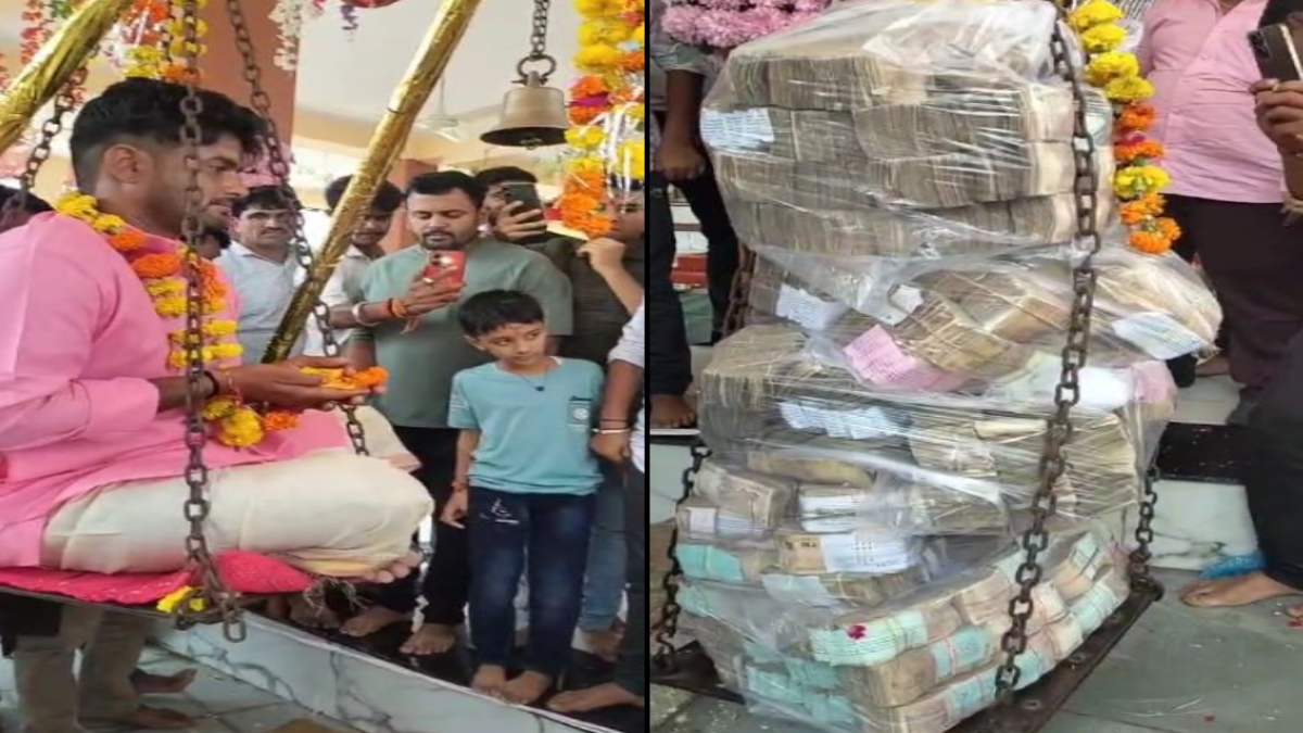 मन्नत की भेंट: मुराद पूरी होने पर बेटे को नोटों की गड्डियों से तौला, तराजू में चढ़े 10 लाख से अधिक रुपए, मंदिर में किये दान, VIDEO वायरल