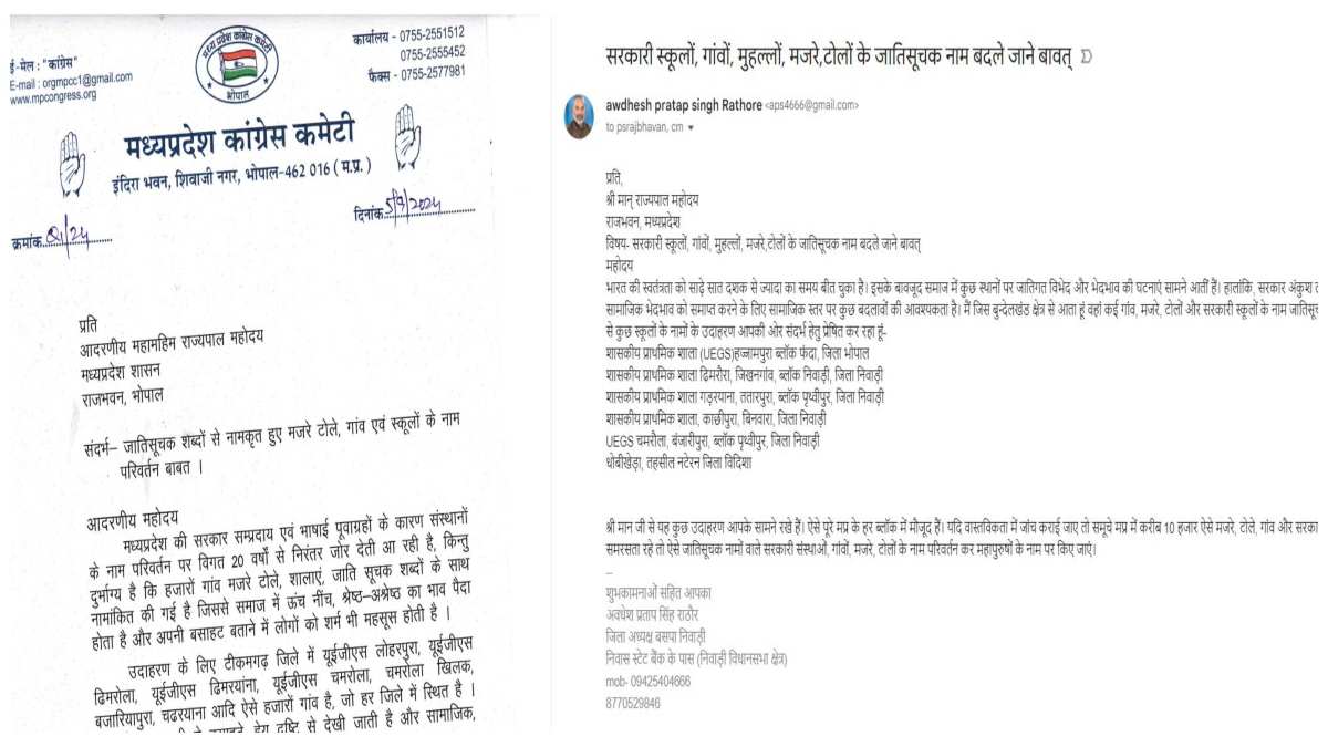 गांवों, मजरे, टोलों और स्कूलों के नाम बदलने की मांग, BSP और कांग्रेस ने राज्यपाल को लिखा पत्र