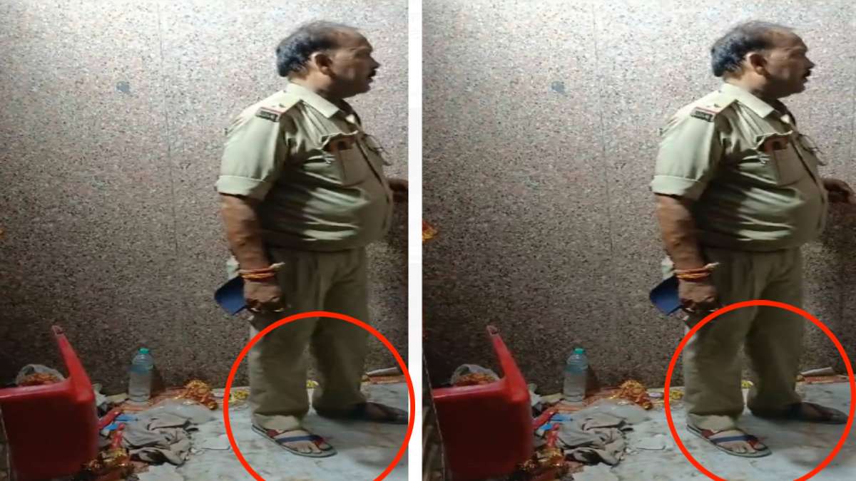 मां के दरबार में आस्था को ठेस पहुंचा रहे पुलिसकर्मी: बिजासन देवी के मंदिर में चप्पल पहनकर गर्भ गृह परिसर में कर रहे ड्यूटी, Video Viral