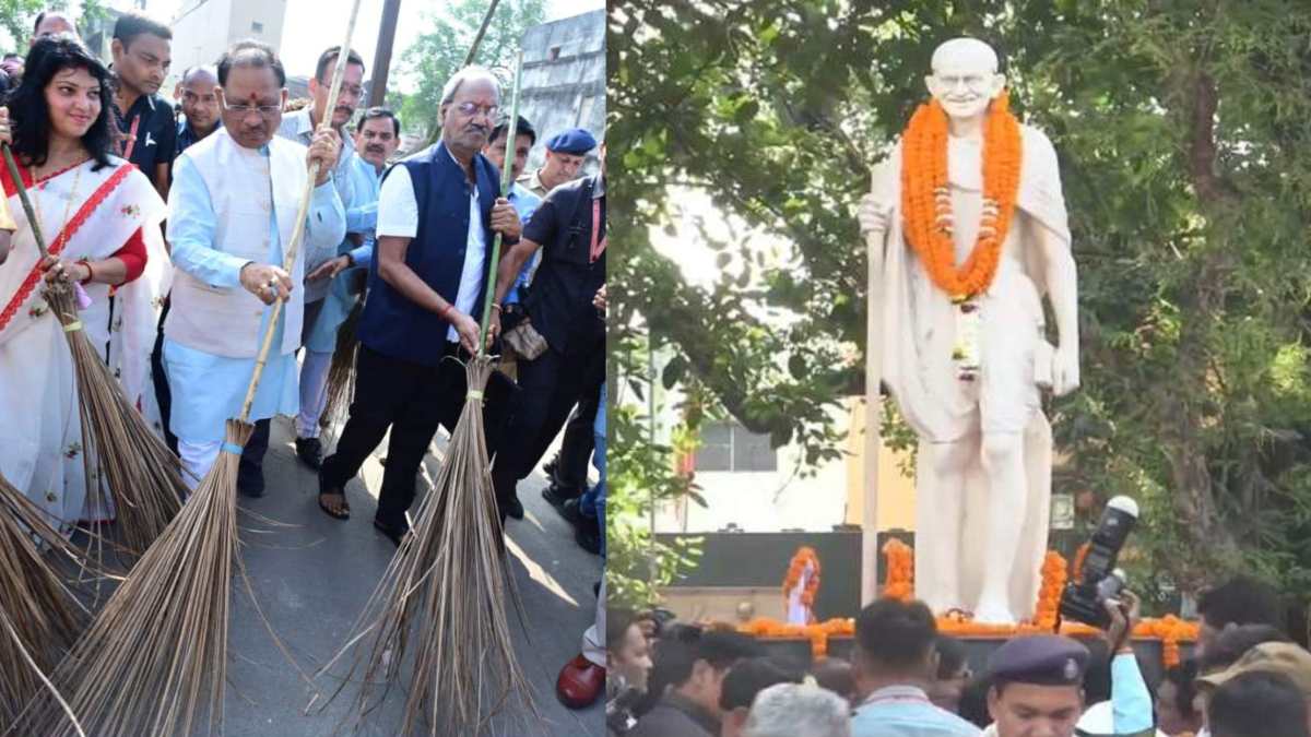 राष्ट्रपिता महात्मा गांधी की प्रतिमा पर मुख्यमंत्री विष्णुदेव साय ने किया माल्यार्पण, झाड़ू लगाकर दिया स्वच्छता का संदेश