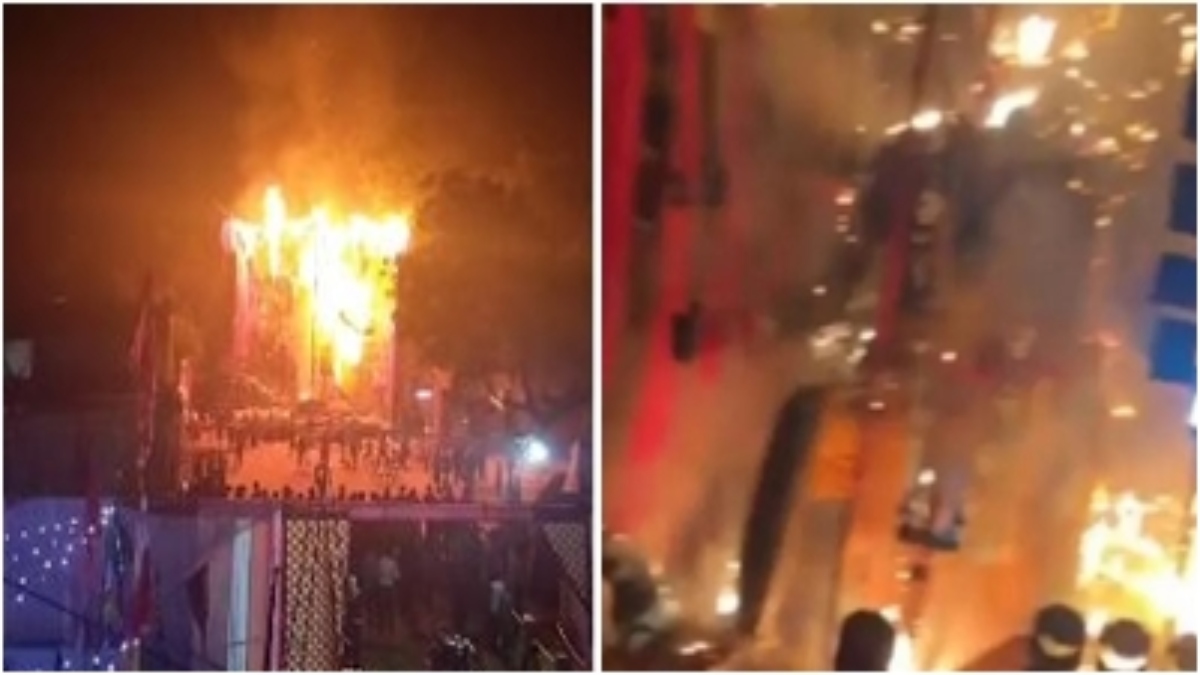 महाकाली की 51 फुट ऊंची प्रतिमा में लगी भीषण आग, पंडाल में मची अफरा-तफरी, पलभर में मूर्ति जलकर हुई स्वाहा    