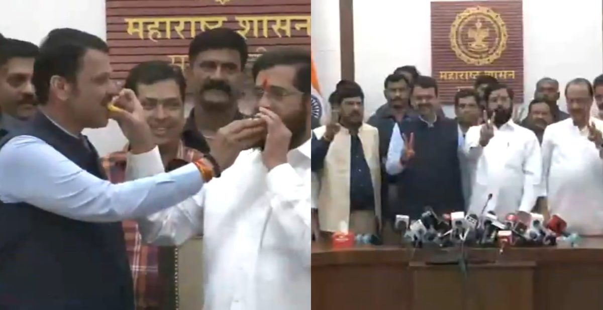 MahaYuti Press Conference: एकनाथ शिंदे, फडणवीस और अजीत पवार ने एक-दूसरे को मिठाई खिलाई फिर बोले- यह महायुति की रिकॉर्ड तोड़ जीत
