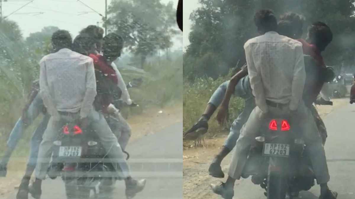 न जान की परवाह, न कानून का डर: एक बाइक पर सवार हुए 5 युवक, चार बैठे तो एक को लटकाया, स्टंटबाजी का ये Video वायरल