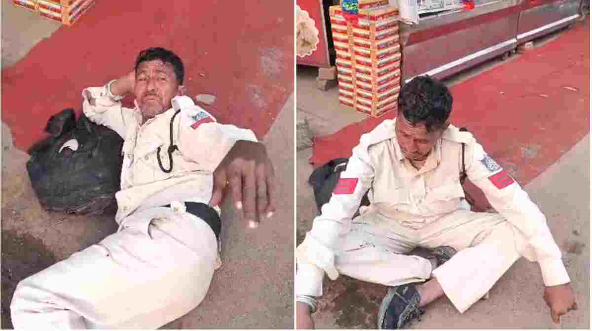 नशे में धुत हेड कांस्टेबल ने मचाया बवाल: सड़क पर लेटा फिर ध्यान मुद्रा में बैठा, लोगों की दी गालियां, Video Viral