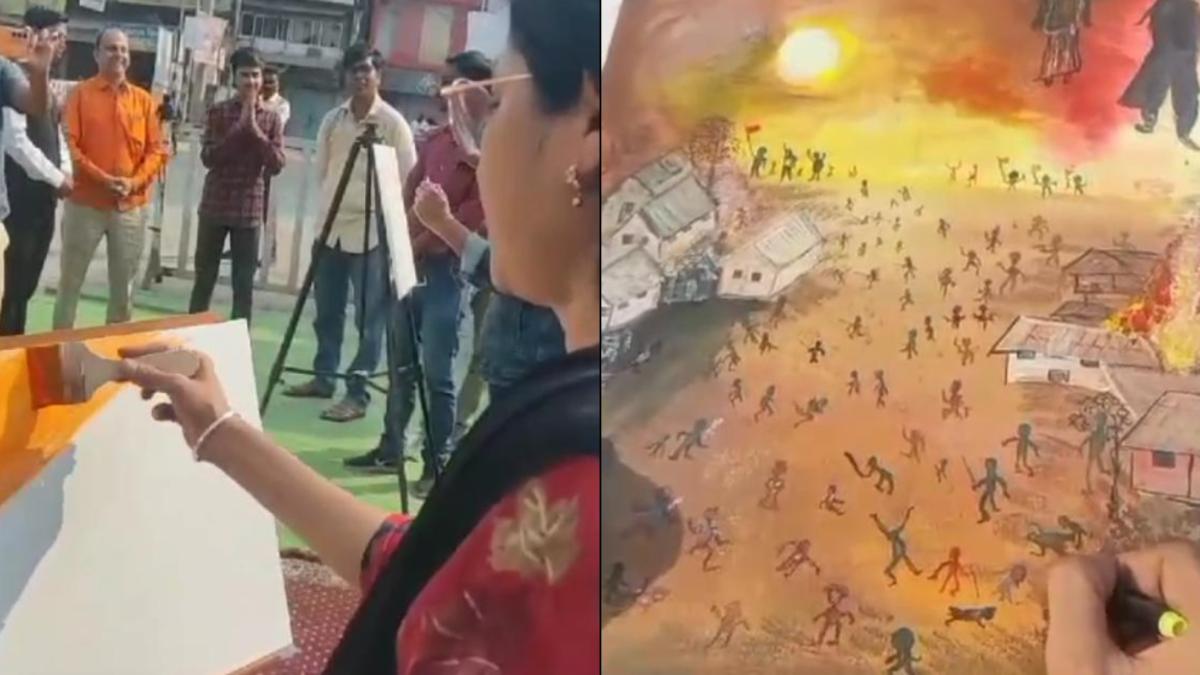 बांग्लादेश हिंसा के खिलाफ बुरहानपुर में अनोखा प्रदर्शन: पेंटिंग कर जताया विरोध, हजारों कलाकारों ने लिया हिस्सा, सोई हुई सरकार को जाने का प्रयास
