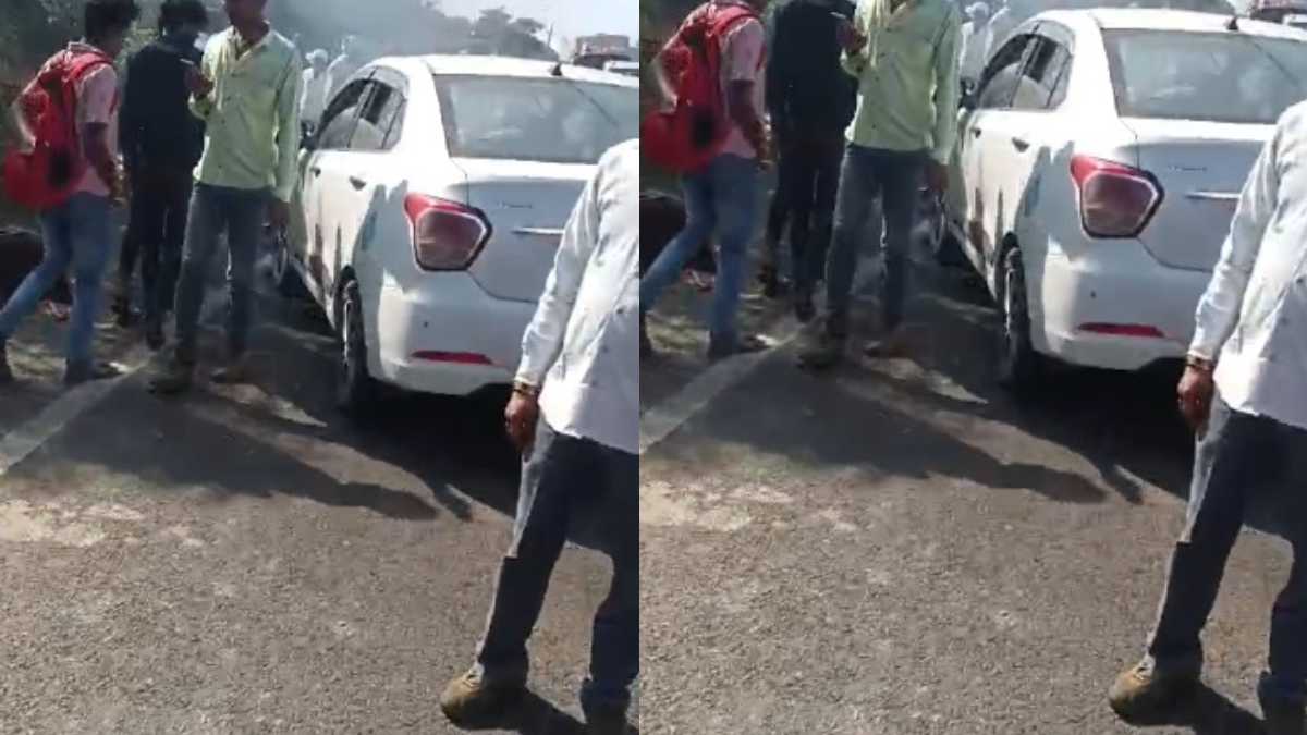 कार और बाइक की भिड़ंत: बाइक में लगी आग, तीन लोग घायल