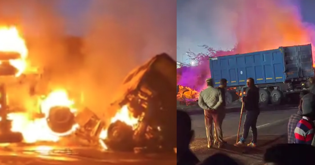 सड़क पर खौफनाक मंजर : दो ट्रकों की टक्कर से लगी भीषण आग, दो ड्राइवर और हेल्पर जिंदा जले