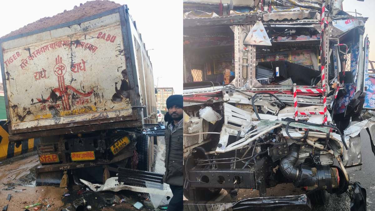 रेत से भरे डंपर से टकराया तेज रफ्तार कंटेनर, केबिन में फंसा चालक, कड़ी मशक्कत कर निकाला बाहर