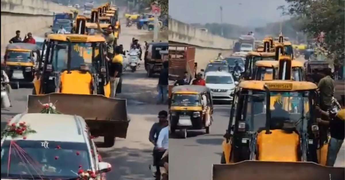 गजब भौकाल है गुरू… दर्जन भर बुलडोजर के साथ निकली दूल्हे-दुल्हन की कार, अनोखी शादी का VIDEO वायरल