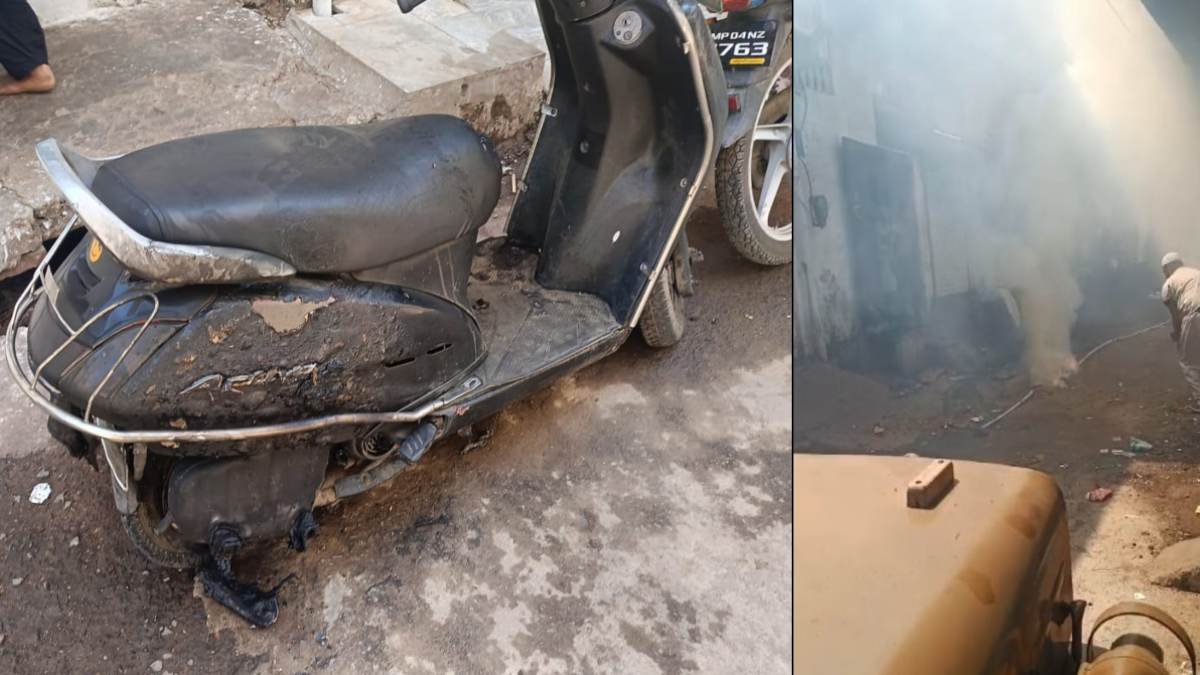 बीच सड़क टूटकर गिरी हाईटेंशन लाइन: बाइक पर गिरा तार, टायर जलकर खाक, बाल बाल बचे लोग