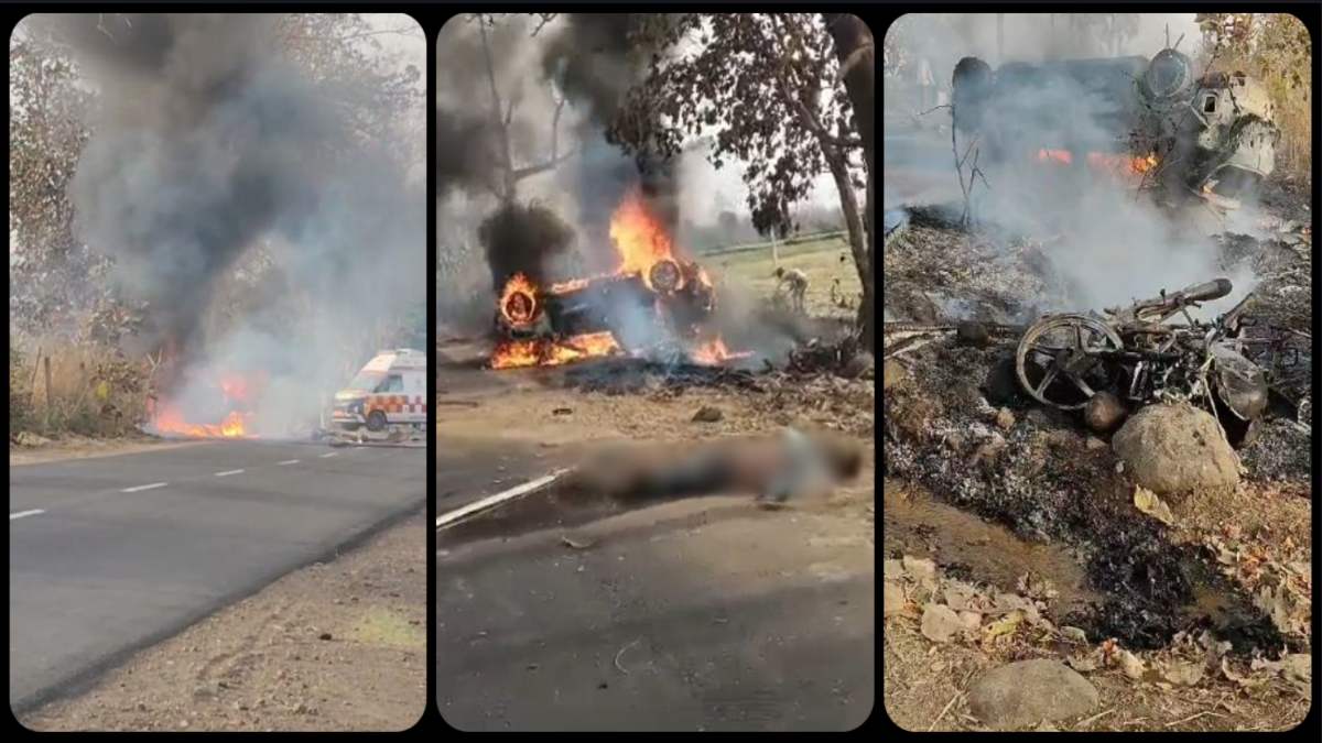 MP के Dewas में भीषण हादसा: तेज रफ्तार कार ने बाइक को मारी टक्कर, दोनों गाड़ियां जलकर खाक, एक की मौत, दो घायल