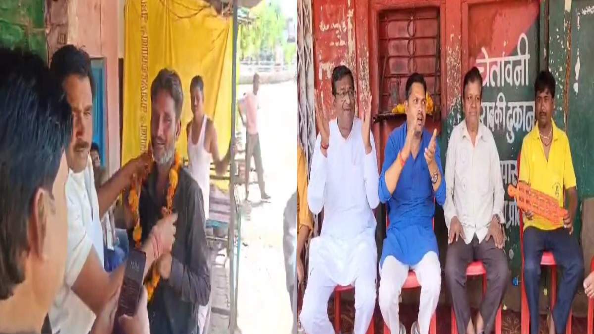गजब का विरोध प्रदर्शन है! शराब खरीदने आए लोगों को पहनाई फूलों की माला, दुकान के बाहर किया भजन-कीर्तन