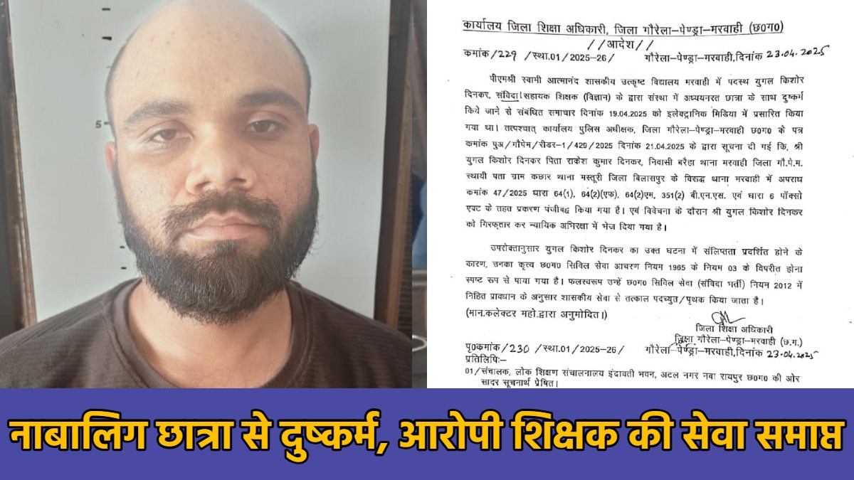 नाबालिग छात्रा से दुष्कर्म : आरोपी शिक्षक की सेवा समाप्त, DEO ने जारी किया आदेश   