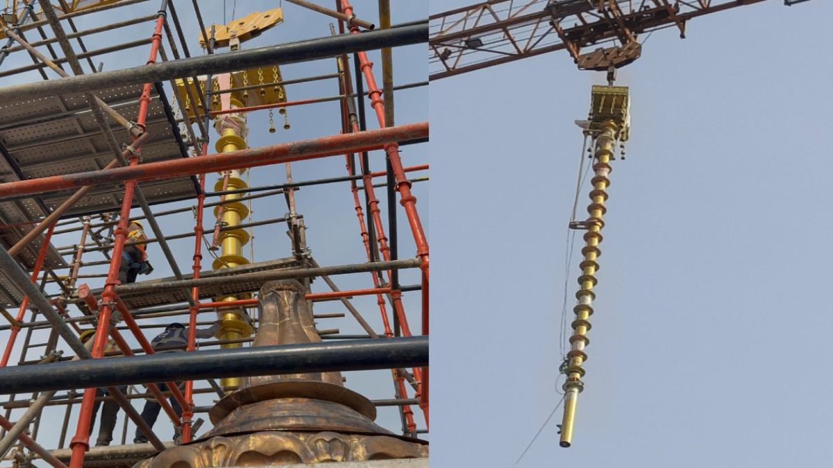 ऐतिहासिक पल: राम जन्मभूमि मंदिर के मुख्य शिखर पर स्थापित हुआ 42 फीट ऊंचा ध्वज दंड