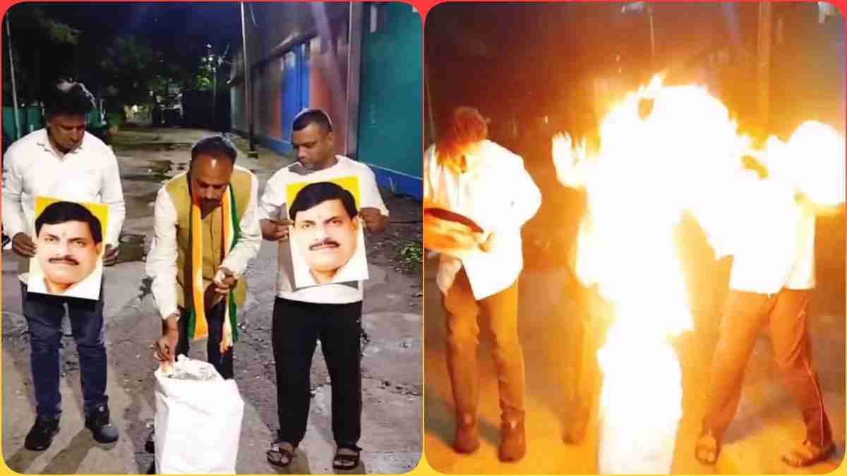 बच गए नेता जी: विरोध प्रदर्शन के दौरान भड़की आग, झुलसने से बाल-बाल बचे देवेंद्र यादव, देखें सांसें थमा देने वाला Video