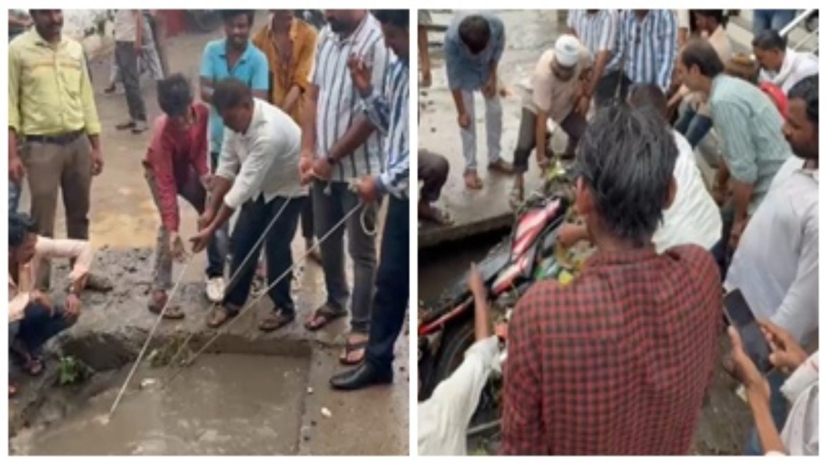 बाइक समेत नाले में समाया युवक: लोगों ने रस्सी से खींचकर बचाई जान, मोटरसाइकिल को भी निकाला बाहर 