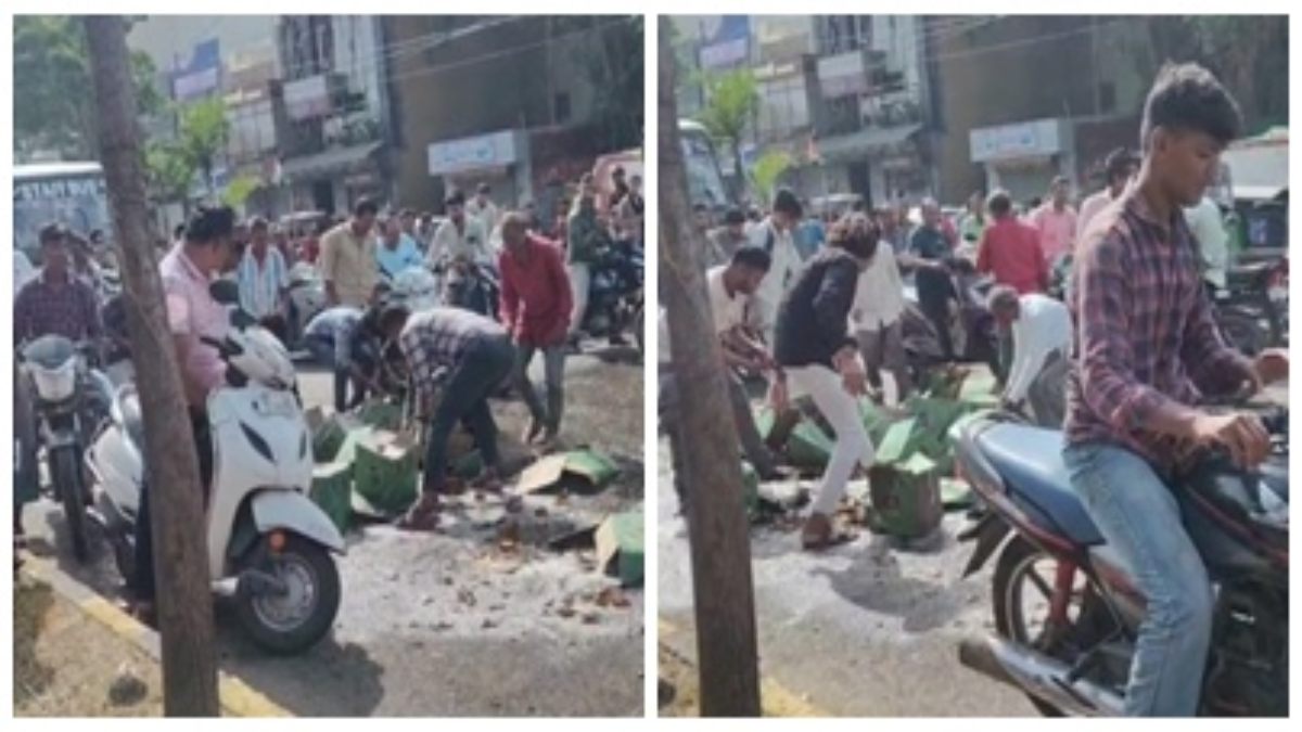 ट्रक से गिरीं शराब से भरी पेटियां: लूटने की मची होड़, जिसके हाथ जितनी लगी वो लेकर भागा, Video वायरल  