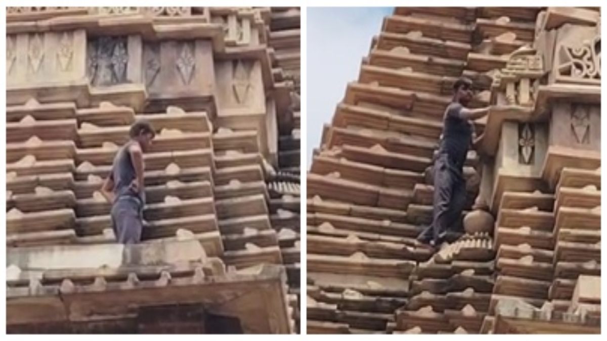 खजुराहो में भारतीय पुरातत्व विभाग की अनदेखी, बगैर सुरक्षा उपकरण के मंदिर के शिखर पर दिखा युवक, Video वायरल 