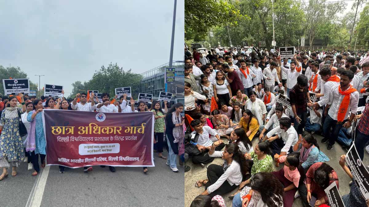 ABVP का दिल्ली विश्वविद्यालय प्रशासन के खिलाफ प्रदर्शन, छात्रों की मांगो को लेकर अनिश्चितकालीन धरने की चेतावनी